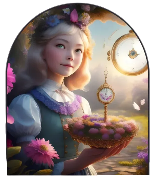 An illustration of Alice holding a pocket watch, in the style of Wonderland