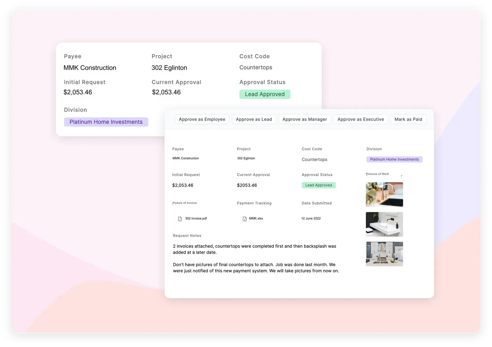 A payment request in Fergmar’s Rowmesh app, with approval buttons for each role