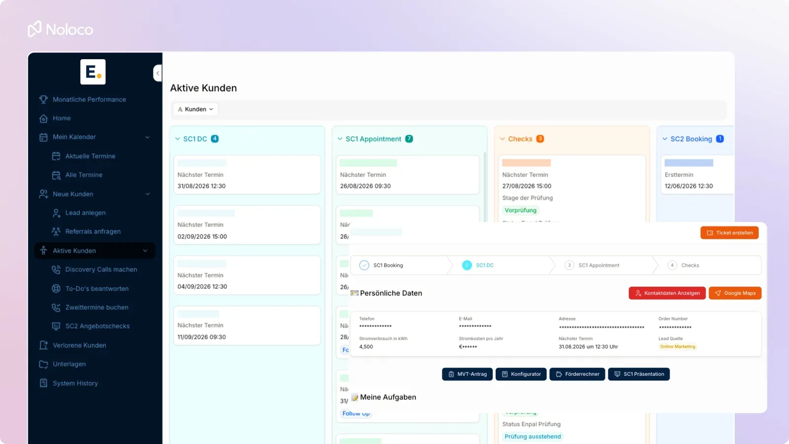 Enpal’s field sales portal in Rowmesh, with active customers grouped by stage