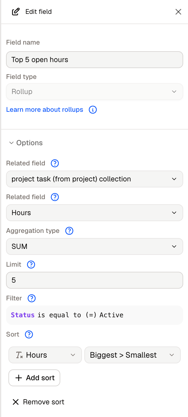 Limit, Filter and Sort in the rollup field editor