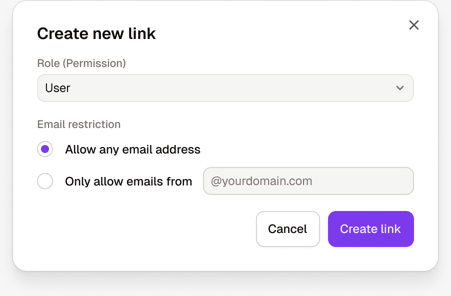 The Create new link dialog with the role selector and the two email restriction options
