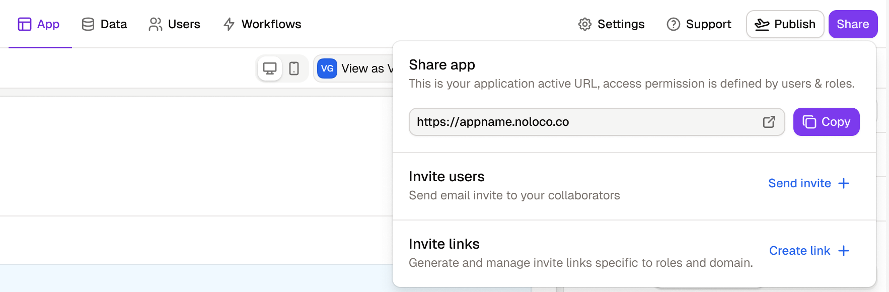The Share button next to Publish in the builder's top navigation bar, with the Share popover open