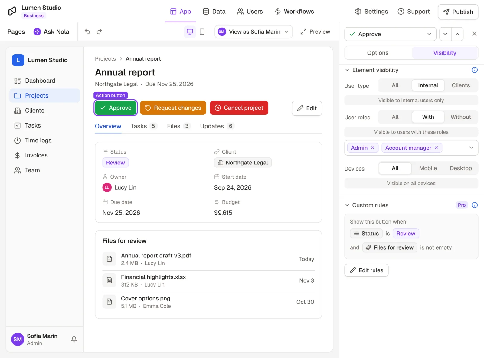 A Rowmesh record page with green Approve, amber Request changes and red Cancel project buttons. The Approve button's visibility settings show it only to internal users with the Admin or Account manager role, and only when the status is Review and there are files for review