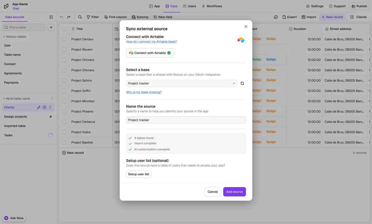 The Data tab in Rowmesh with the "Sync external source" dialog open: connected with Airtable, a base selected, and four tables found, imported and customized by AI. Behind it, the synced Airtable tables in the data sources list.