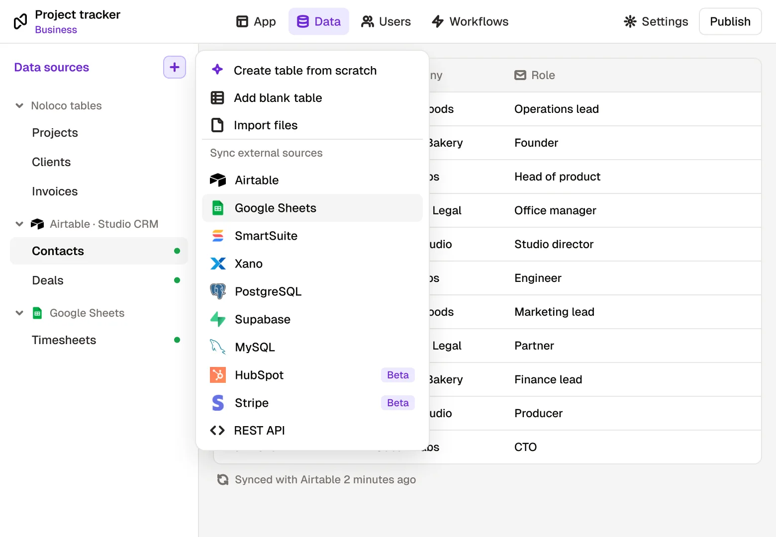 The Data tab with Airtable and Google Sheets tables synced, and the new data source menu open on Airtable, Google Sheets, SmartSuite, Xano, PostgreSQL, Supabase, MySQL, HubSpot, Stripe and REST API