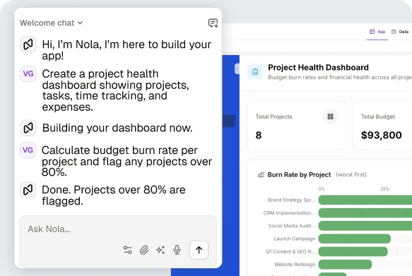 Mesh building a project health dashboard from a chat prompt