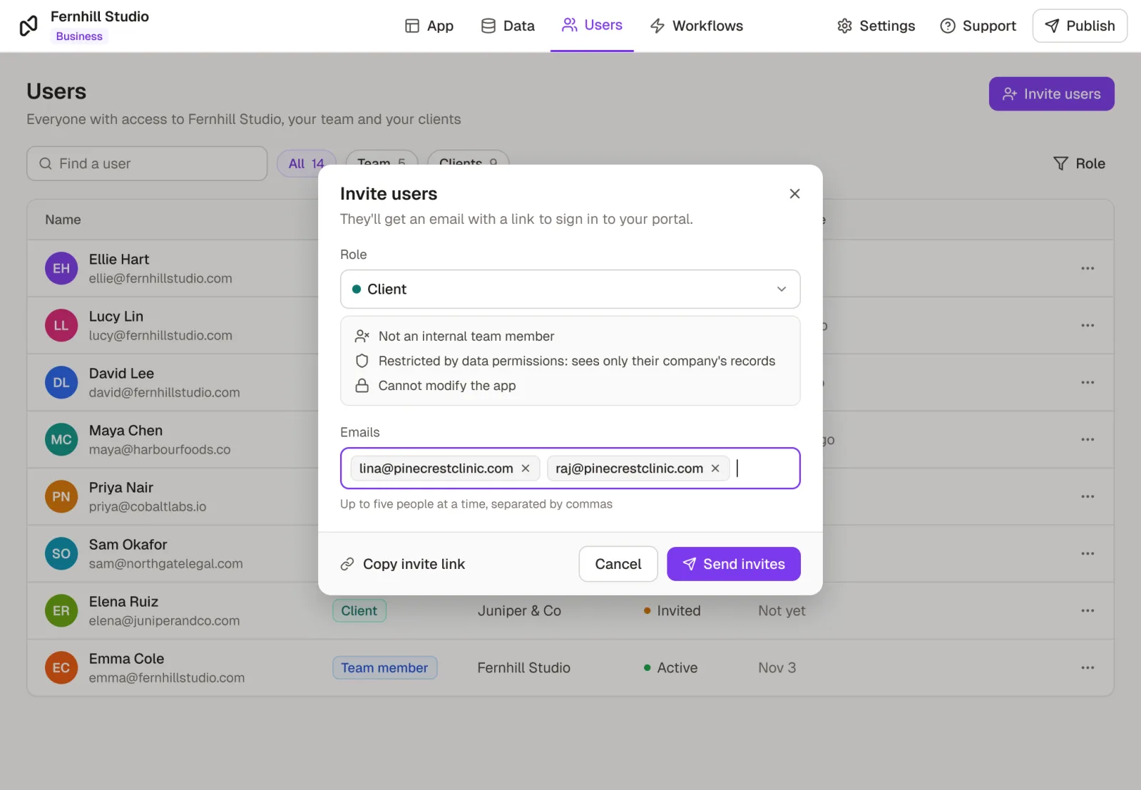 Inviting two people from a new client to a Rowmesh portal with the Client role: not a team member, restricted by data permissions, unable to modify the app