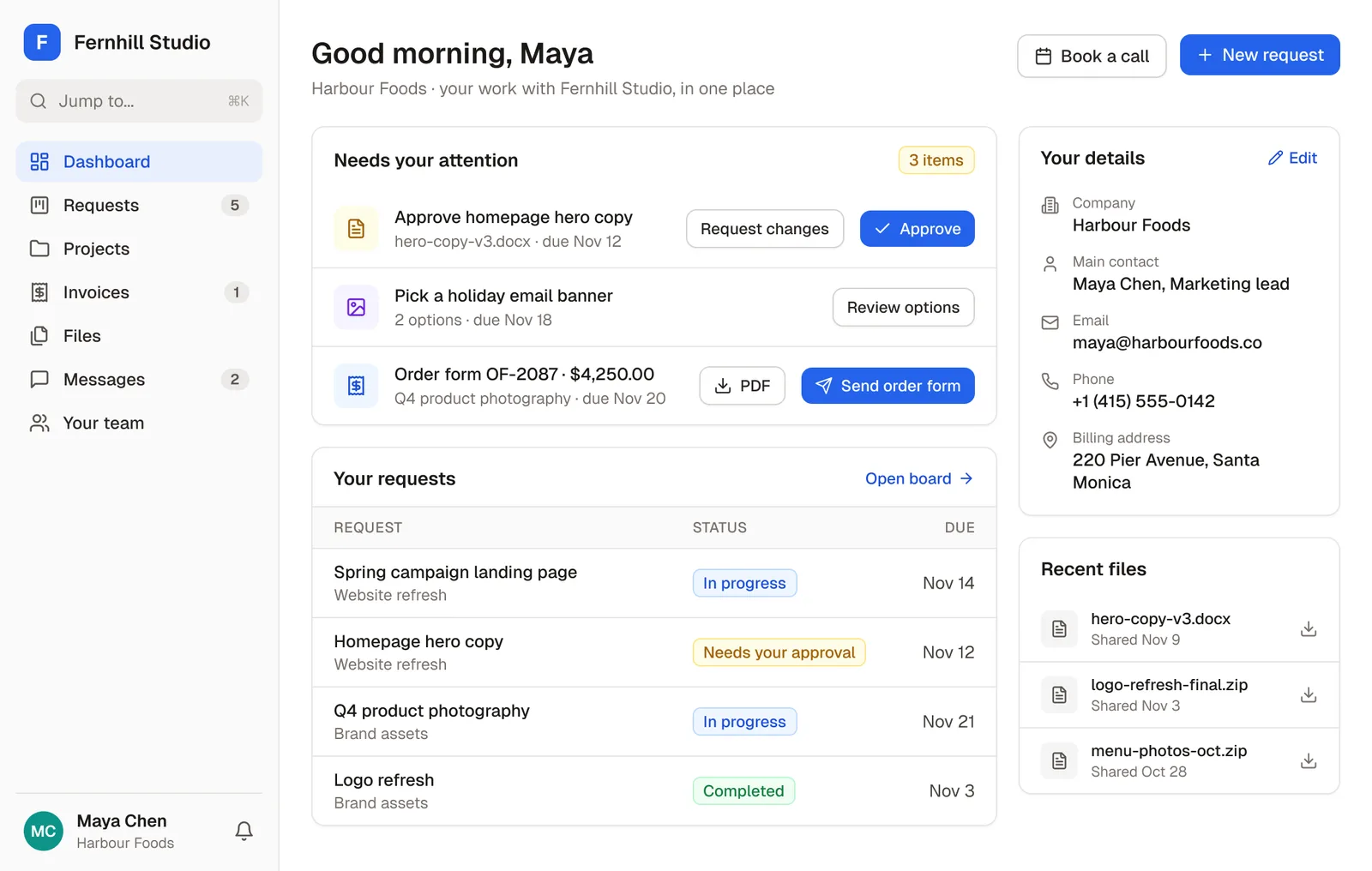 Fernhill Studio's client portal as Maya Chen at Harbour Foods sees it: copy to approve, banner options to review and an order form to send, her requests and their status, her company details with an Edit link, and recent files