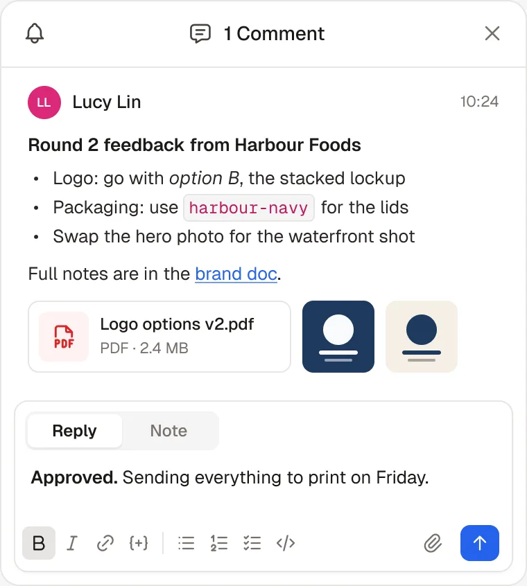 A record comment with a bold heading, a bulleted list with italic and code text, a link, and an attached PDF and images shown inline, above a reply being written with the bold, italic, link, list and code controls
