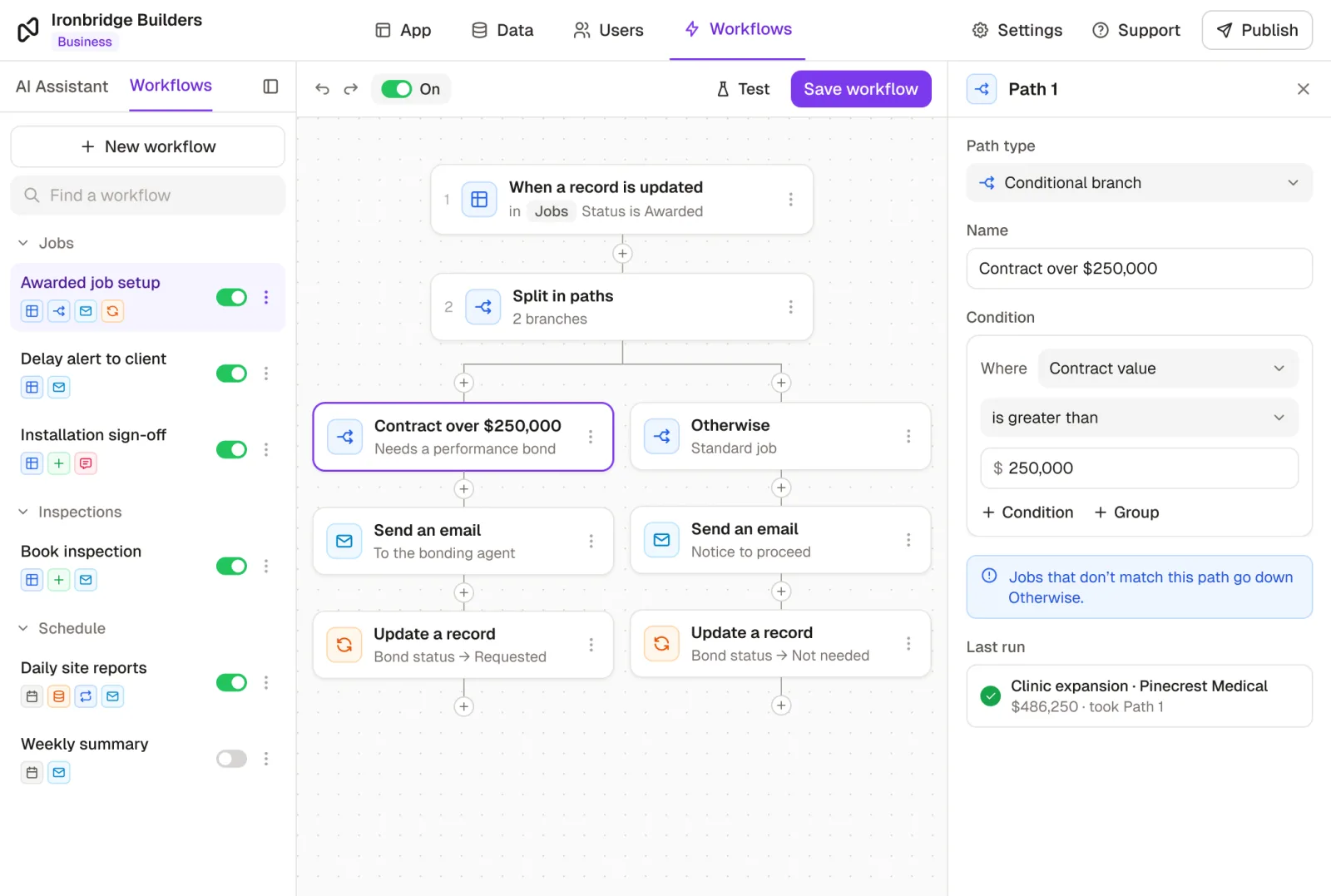 Rowmesh's workflow builder: when a job moves to Awarded, it splits into two paths. Contracts over $250,000 email the bonding agent and set the bond status to Requested; other jobs send the client the notice to proceed.