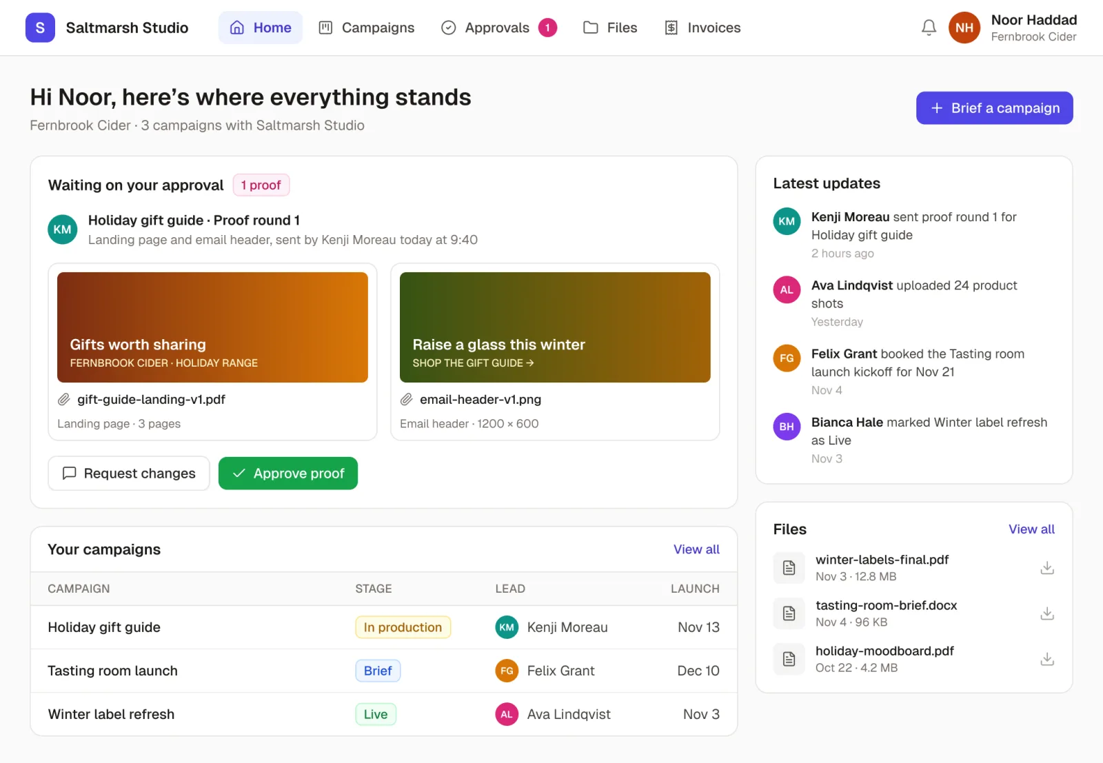 A client portal built with Rowmesh, as Fernbrook Cider sees it: a proof waiting for their approval with Approve and Request changes buttons, their campaigns and stages, the latest updates from the agency team, and their files.