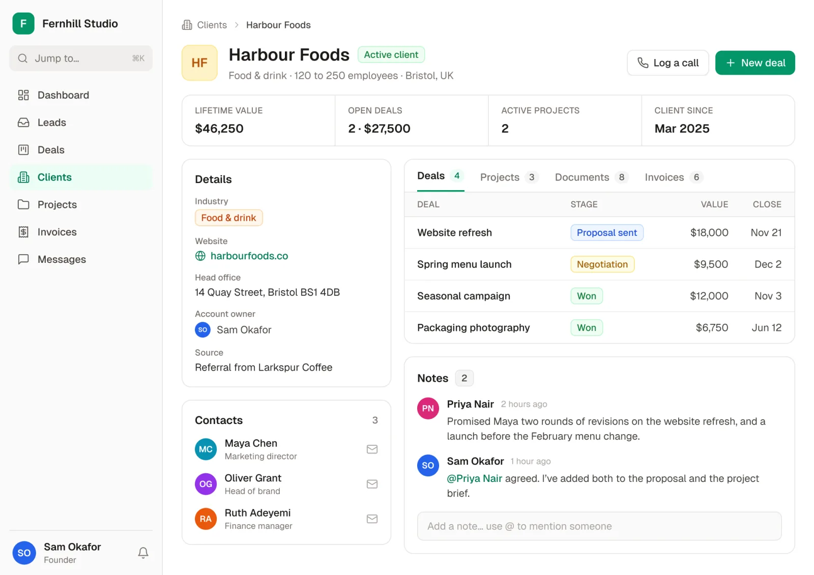 A client record in a Rowmesh CRM: Harbour Foods with lifetime value, open deals and active projects, company details, contacts, the client's deals by stage and value, and the team's notes on what was promised.