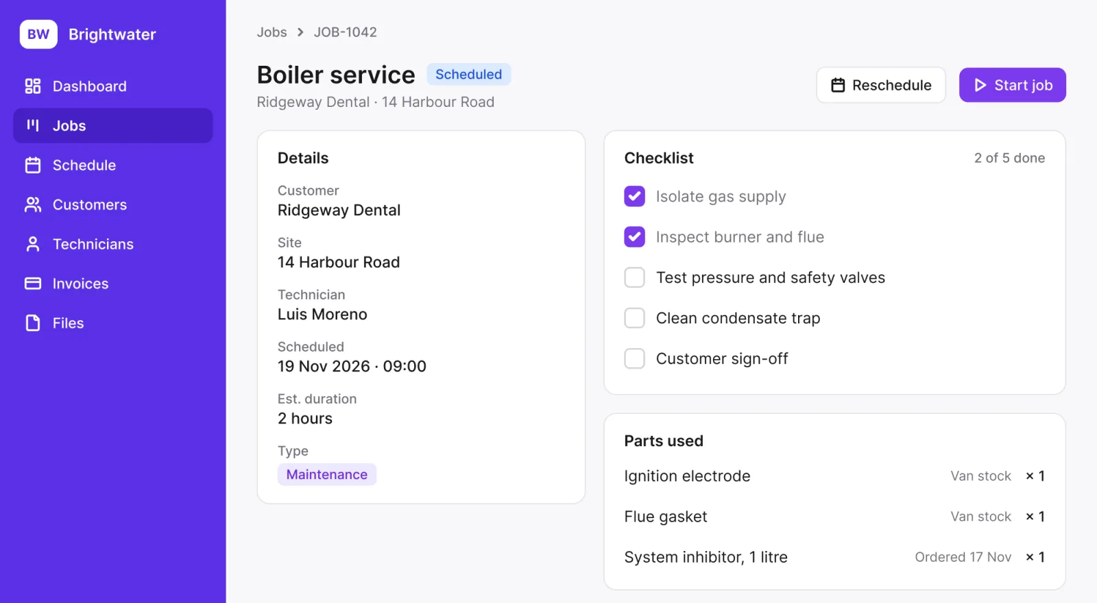 A job record in a field service app built with Rowmesh: a scheduled boiler service with its customer, site, technician and time, a five-step checklist and the parts used.