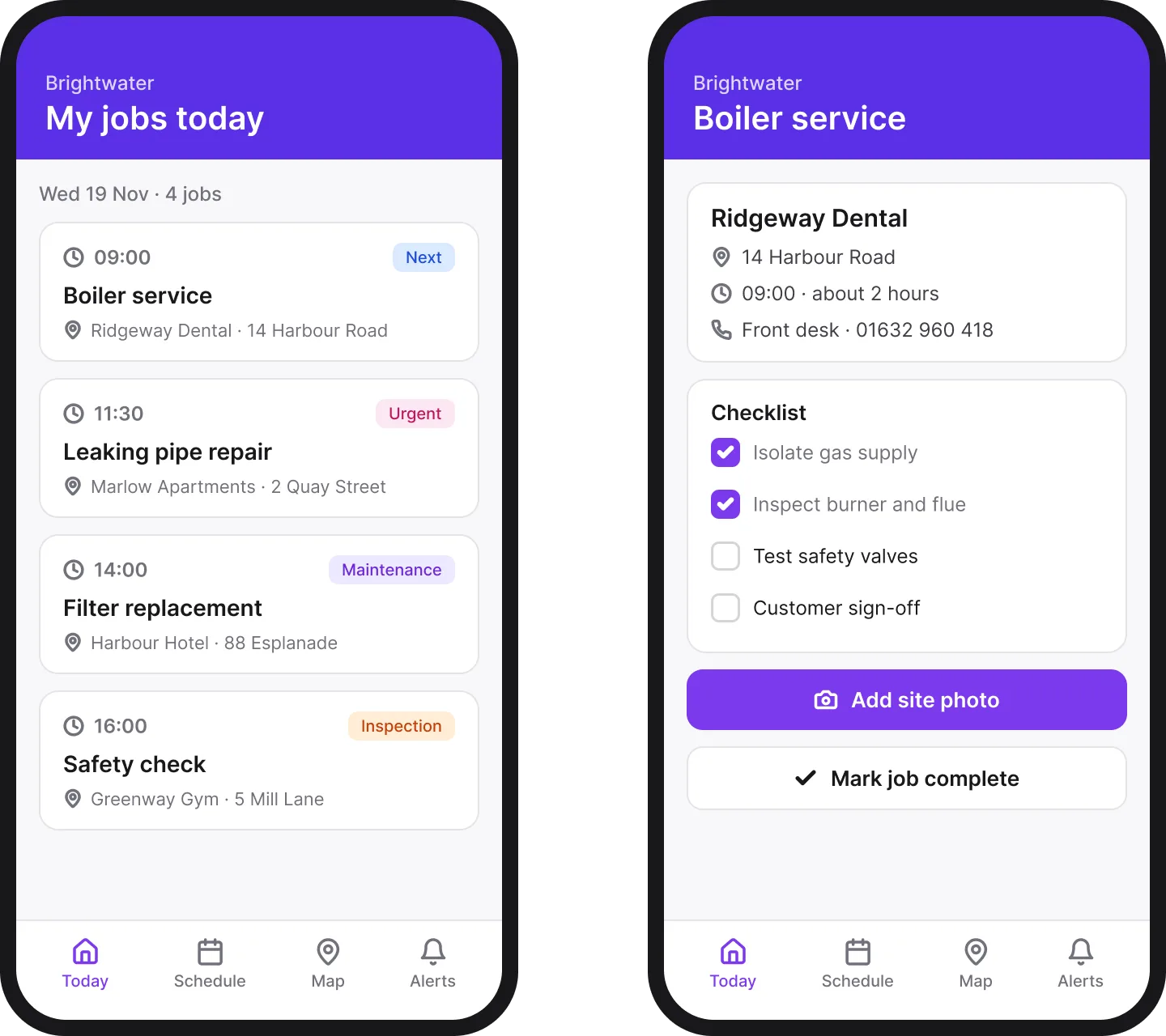 A field service app on a technician's phone: today's jobs with times, customers and addresses, and one job open with its checklist and buttons to add a site photo and mark it complete.