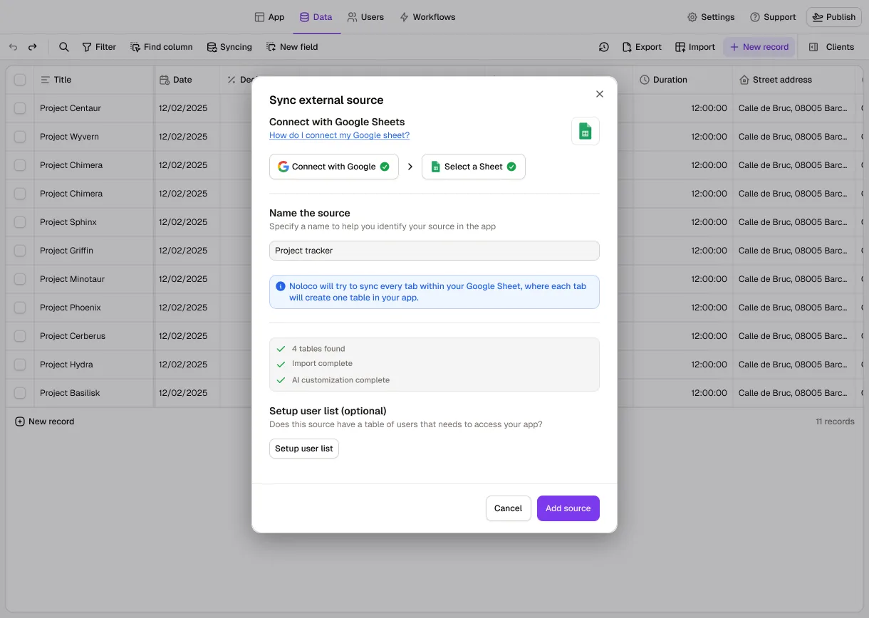The Data tab in Rowmesh with the "Sync external source" dialog open: connected with Google and a sheet selected, with every tab syncing as its own table, and four tables found, imported and customized by AI.