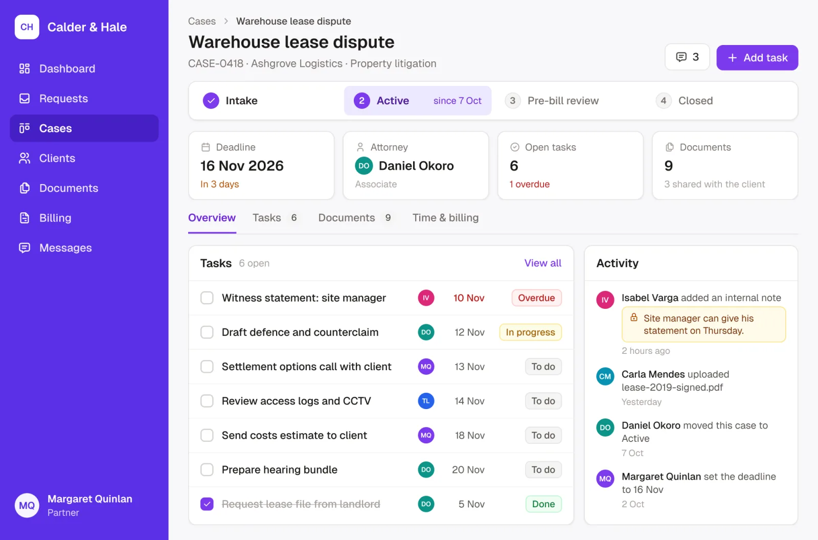 A case record in Calder & Hale's Rowmesh app: a warehouse lease dispute at the Active stage, with its deadline, attorney and open tasks, a task list with assignees and due dates, and recent activity including an internal note.