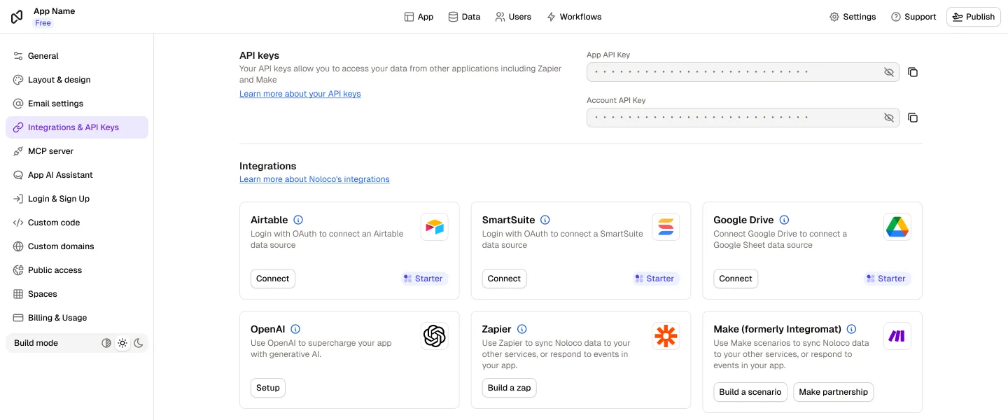 Rowmesh settings, Integrations & API Keys: the app and account API keys, and the integrations list with Make ("Build a scenario", "Make partnership") and Zapier ("Build a zap") alongside Airtable, SmartSuite, Google Drive and OpenAI.