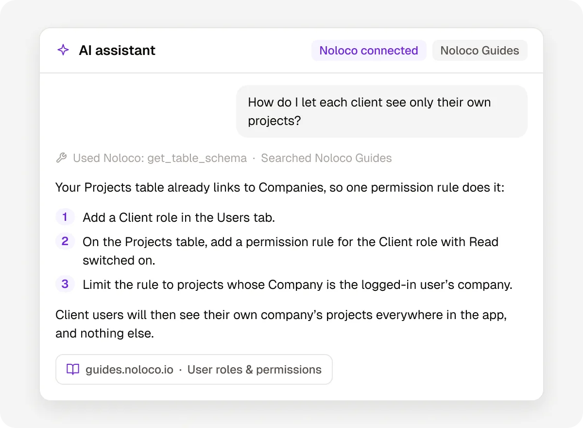 An AI assistant with the Rowmesh app data and Rowmesh Guides servers connected, answering how to let each client see only their own projects with three permission steps and a link to the guide