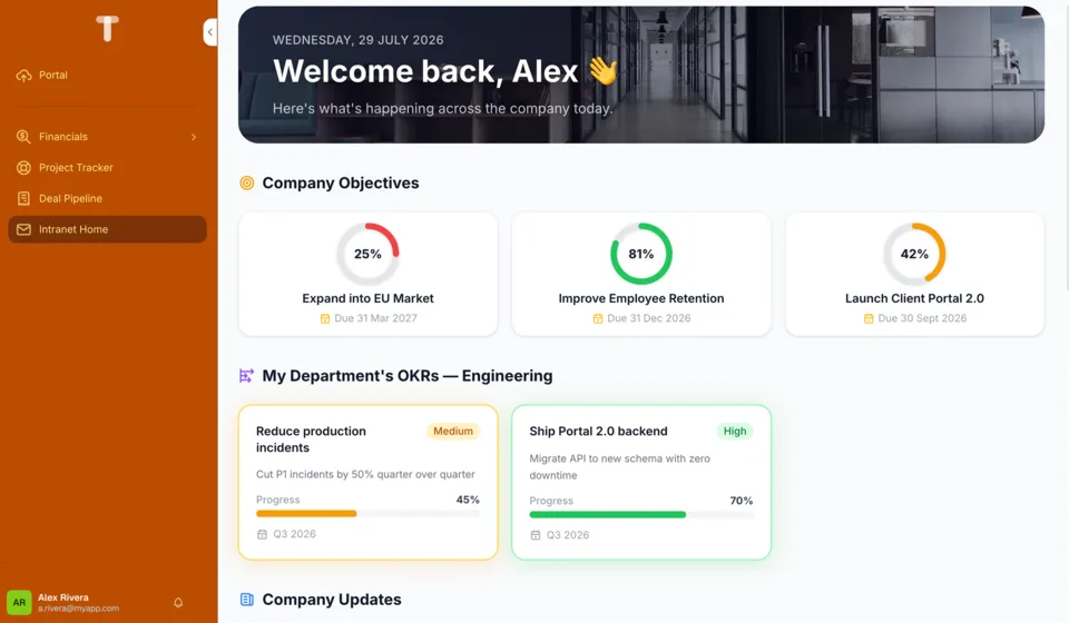 An intranet home with company objectives and updates