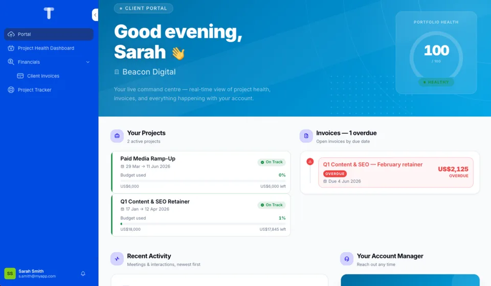 A client portal showing a client their projects and invoices