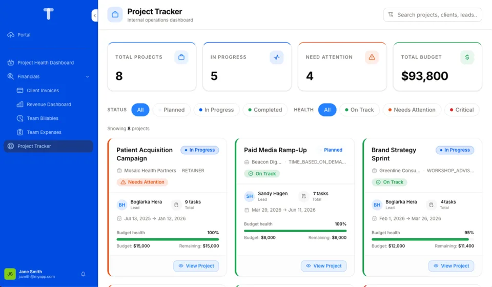 A project tracker with project cards, health and budgets