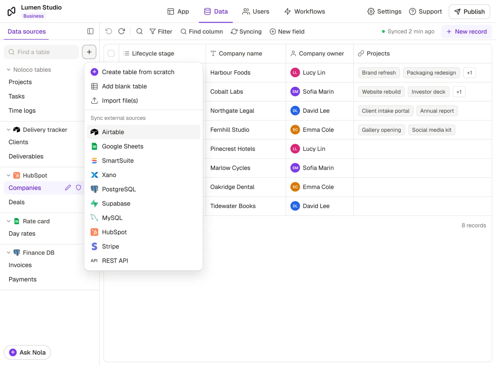 Rowmesh connected to Airtable, HubSpot, SQL, Google Sheets, Make, n8n and OpenAI