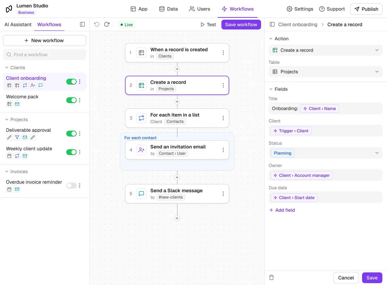 A Rowmesh workflow that runs when a project is updated, finds completed projects and loops over each client, beside the list of workflow actions