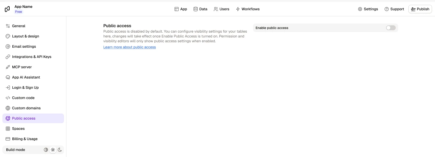 The Public access settings in Rowmesh, with the Enable public access toggle switched off by default