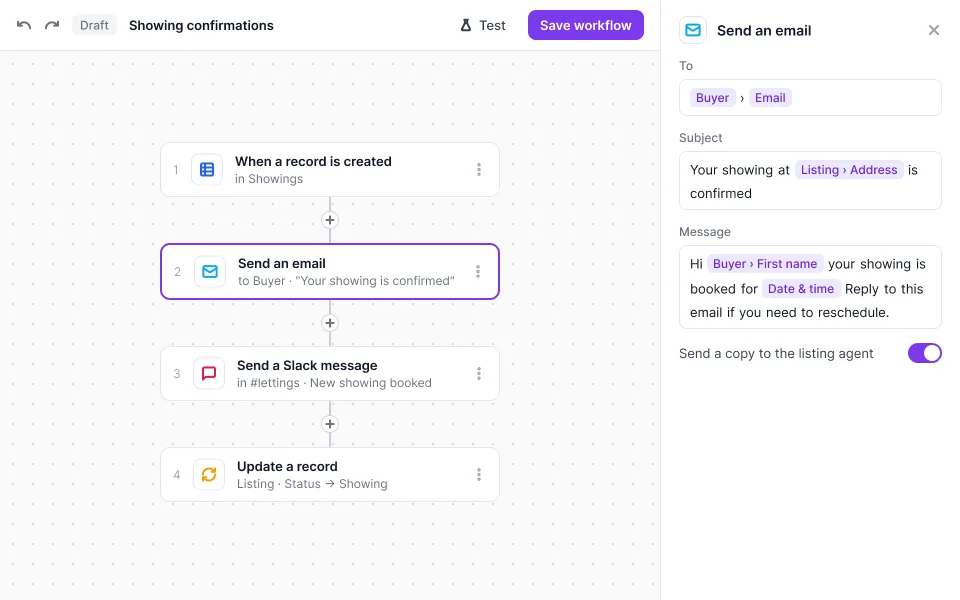 A Rowmesh workflow that runs when a showing is booked: it emails the buyer a confirmation, posts in a Slack channel and updates the listing status
