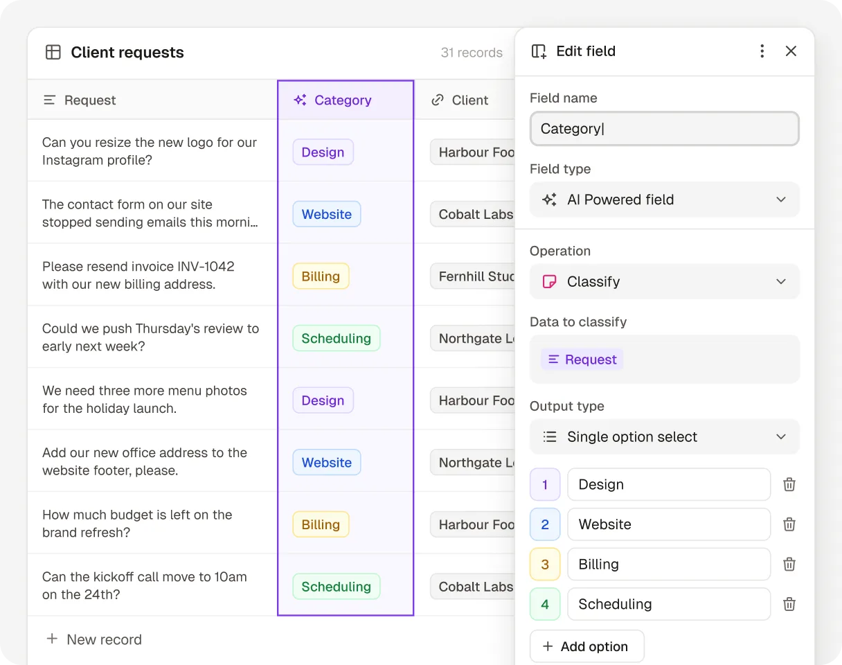 A Client requests table in Rowmesh with an AI powered Category field: the Classify operation sorts each request into Design, Website, Billing or Scheduling, the options set in the Edit field panel