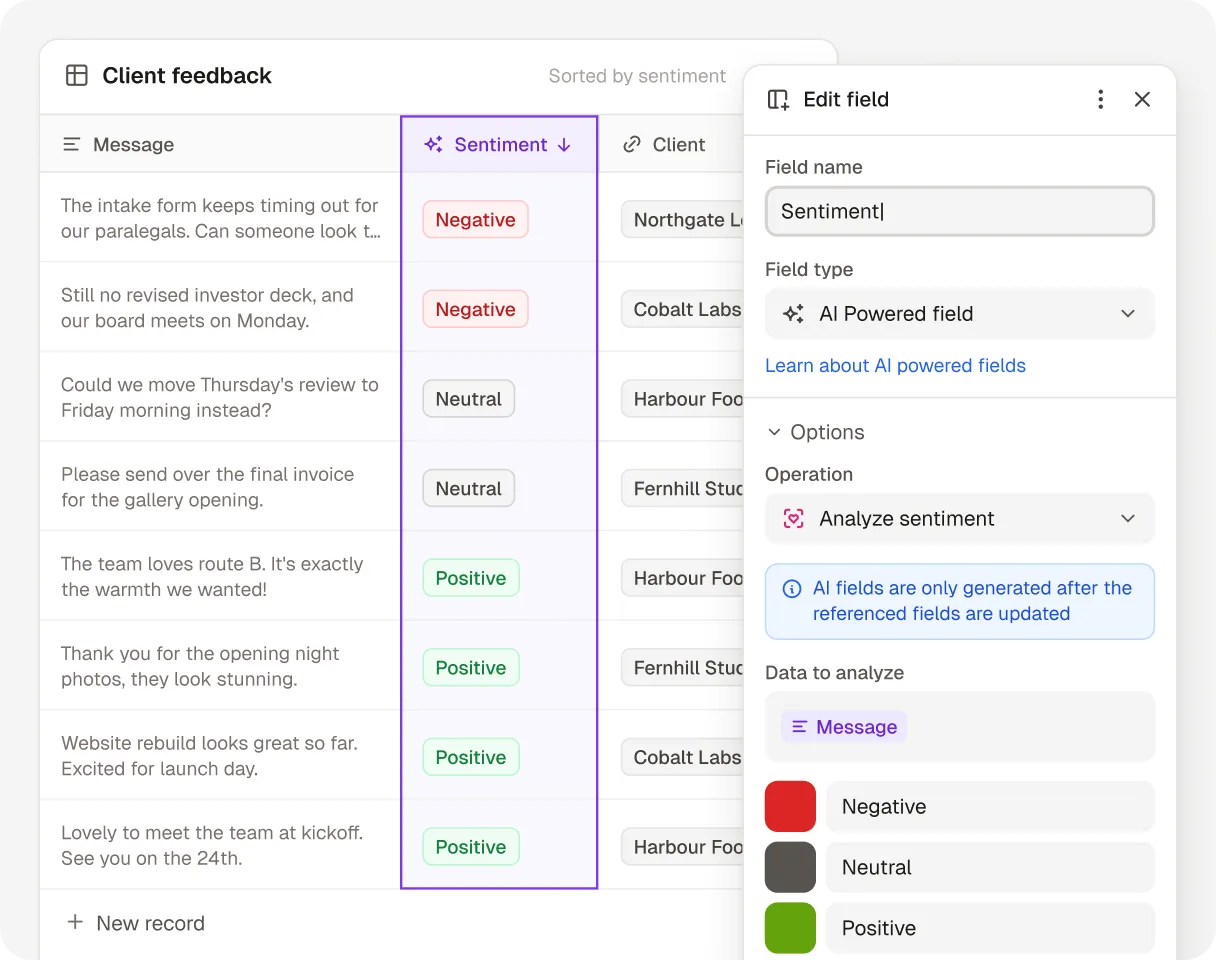 A Client feedback table in Rowmesh sorted by an AI powered Sentiment field: each message is tagged Negative, Neutral or Positive, with the two negative ones at the top