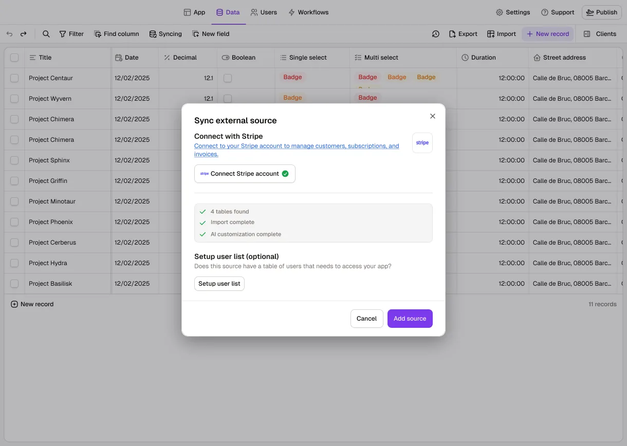 The Data tab in Rowmesh with the "Sync external source" dialog open: a Stripe account connected, and four tables found, imported and customized by AI.