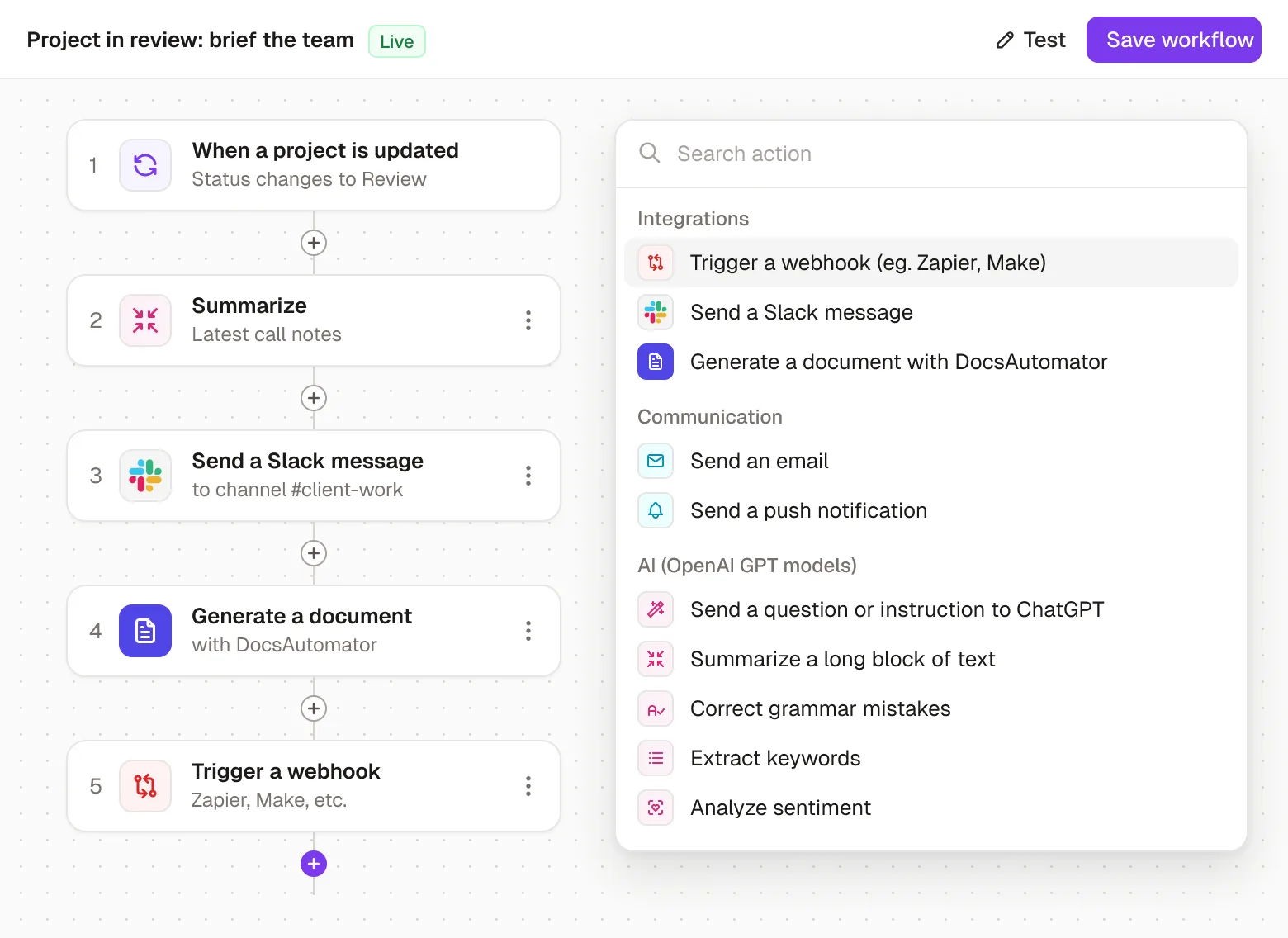 A Rowmesh workflow that runs when a project moves to Review: it summarizes the call notes, sends a Slack message, generates a document with DocsAutomator and triggers a Zapier webhook, with the action menu open on its integration, email and AI actions