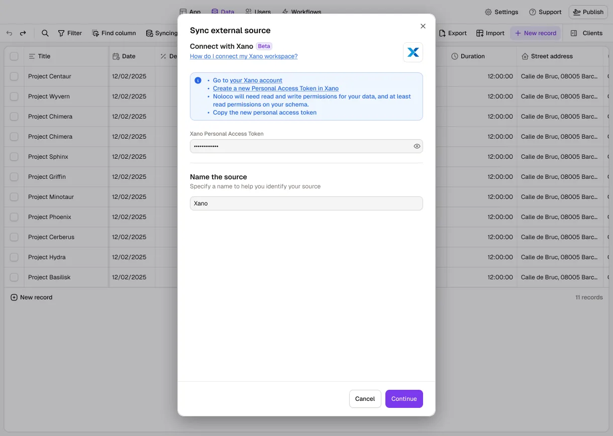 The Data tab in Rowmesh with the "Sync external source" dialog open to connect Xano: steps for creating a personal access token in Xano, the token field and the source name.