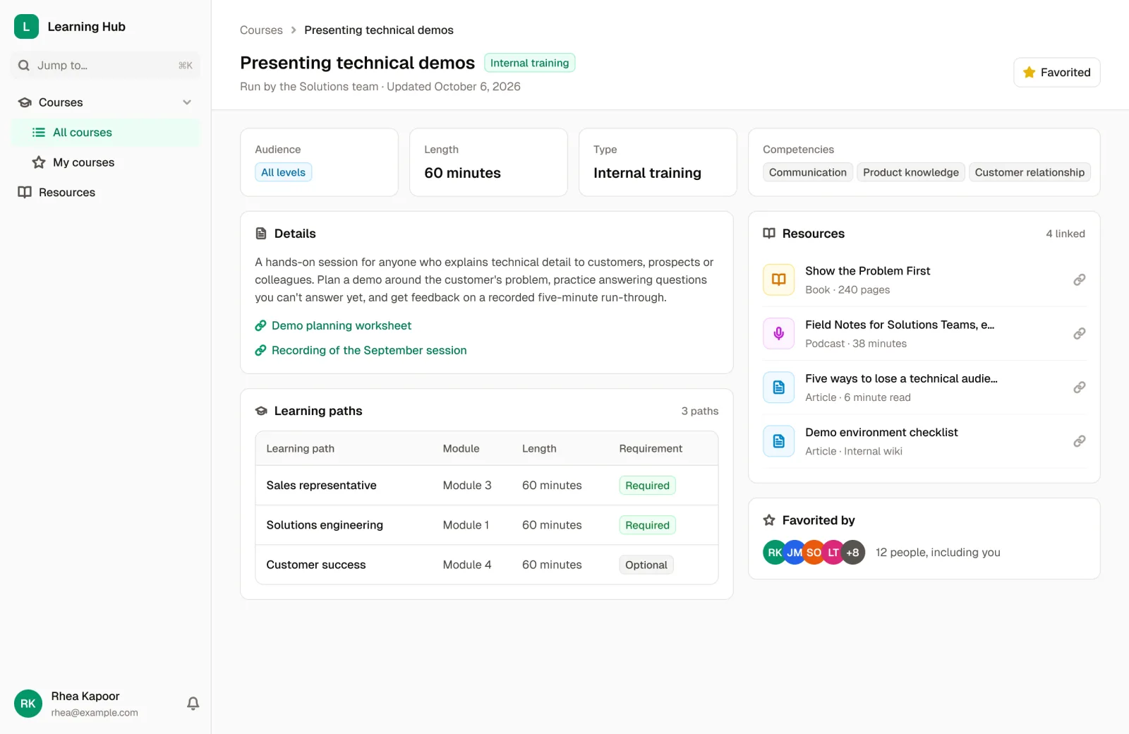 A course record in the Employee Development Resources App template: audience, length, type, competencies, learning paths and linked books, podcasts and articles