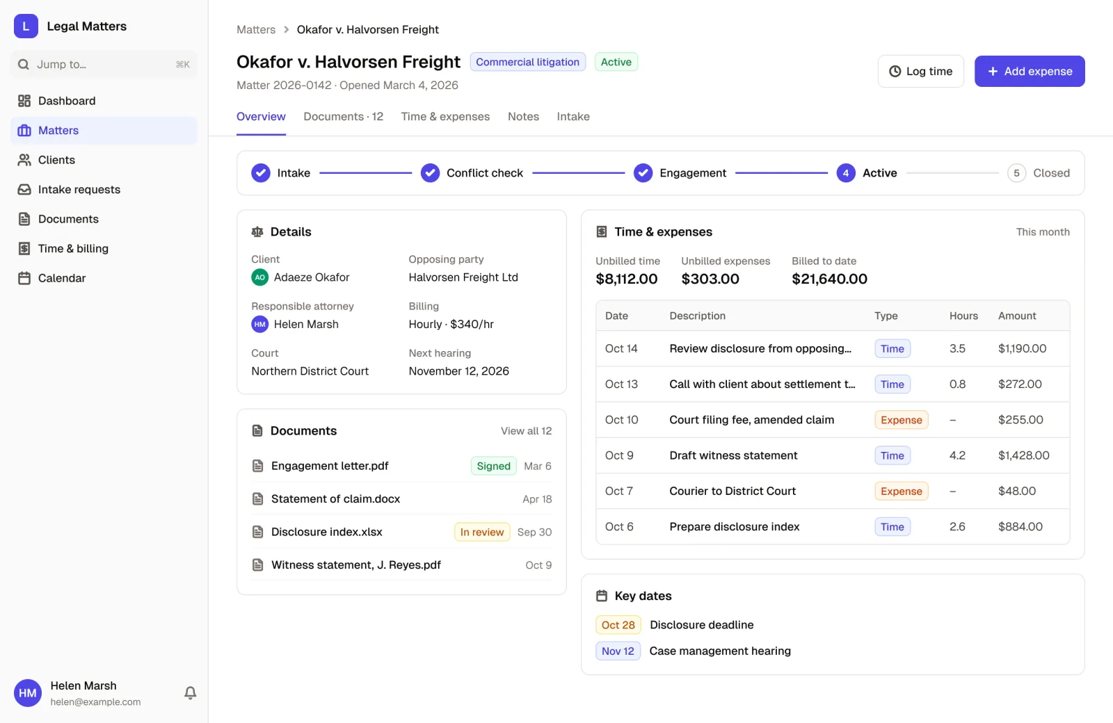 A matter in the Legal Matter Management App template: its stage from intake to closed, client and attorney details, documents, and time and expenses