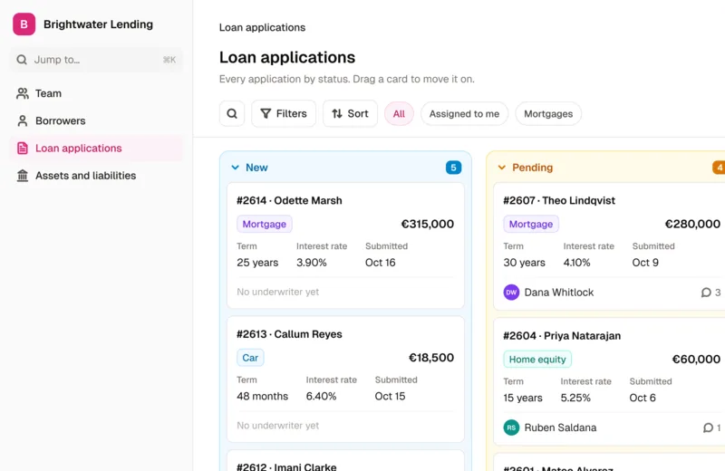 Loan applications on a board by status in the Lending Portal template
