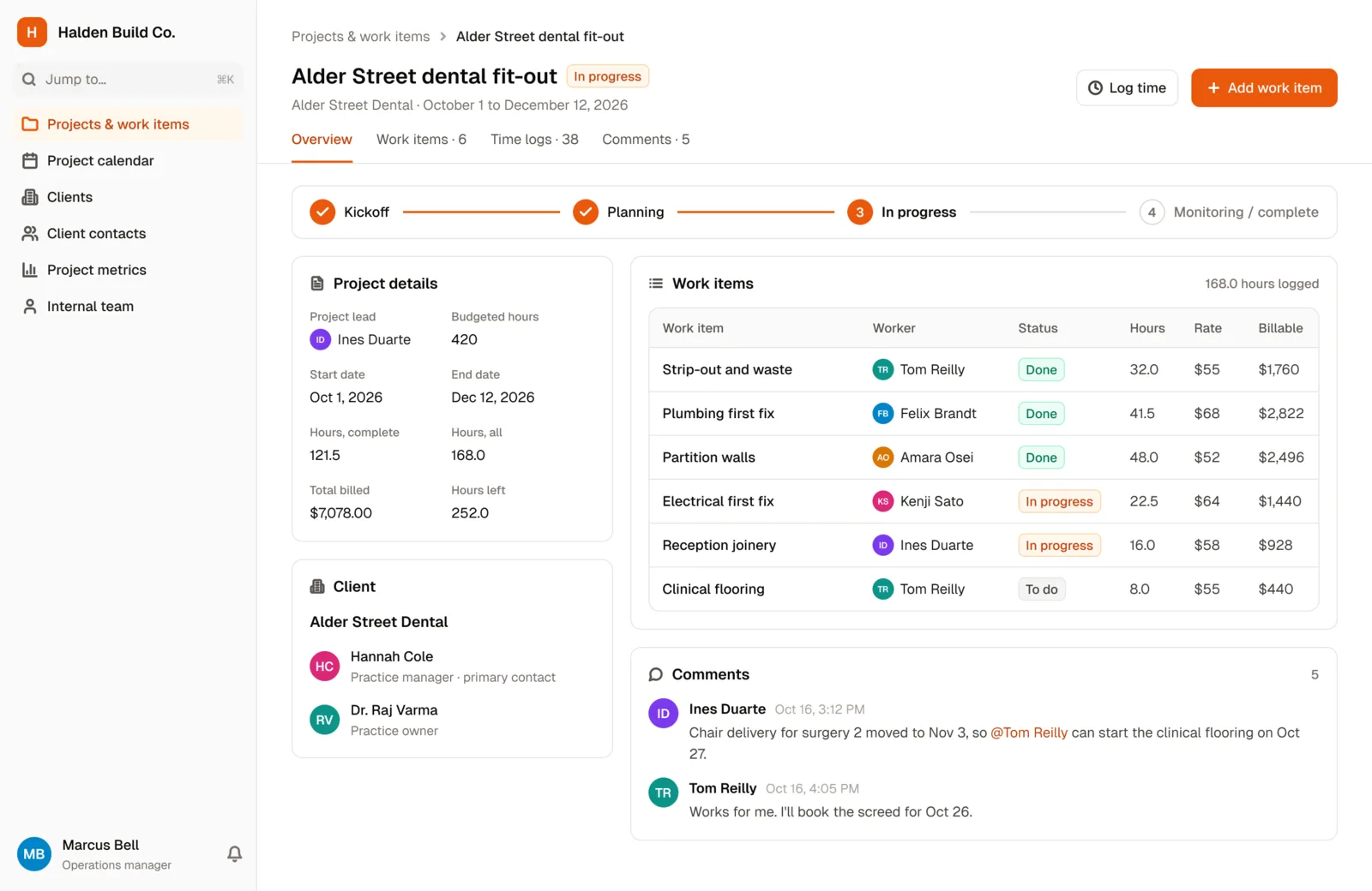 A project in the Project Management template, with its stage, details, client contacts, work items with hours and rates, and comments