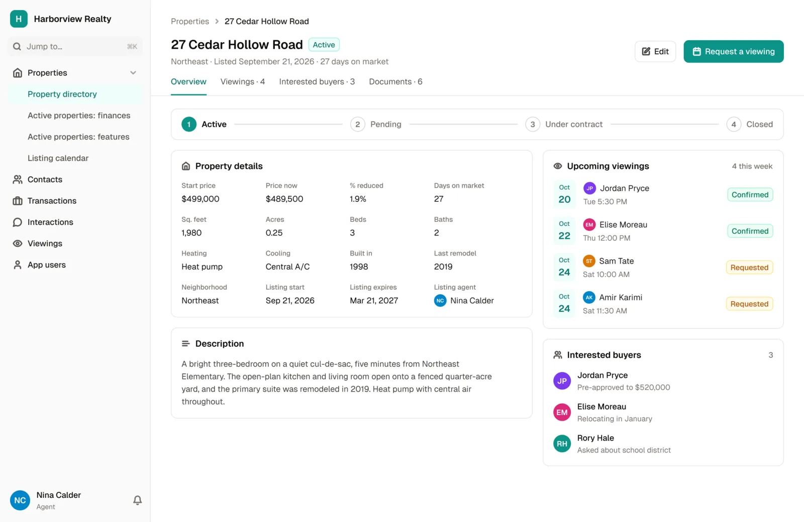 A property in the Real Estate Management App template, with its listing status, details, description, upcoming viewings, interested buyers and the Request a viewing button