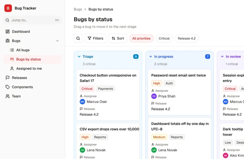 The Software Bug Tracker App template's bug board, grouped by status