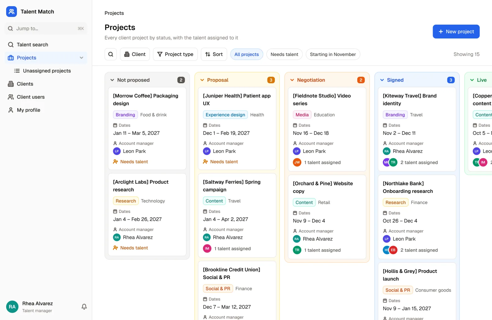 Client projects in the Talent Matching App template, on a board by status, with each project's type, dates, account manager and assigned talent