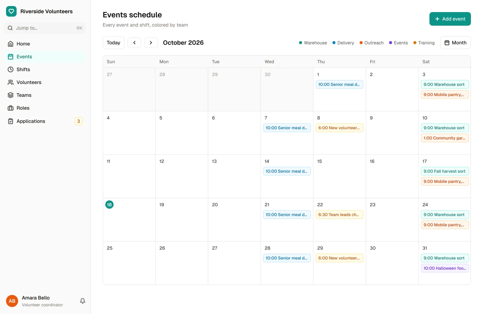 The events schedule in the Volunteer Management Template, a month calendar of events and shifts colored by team